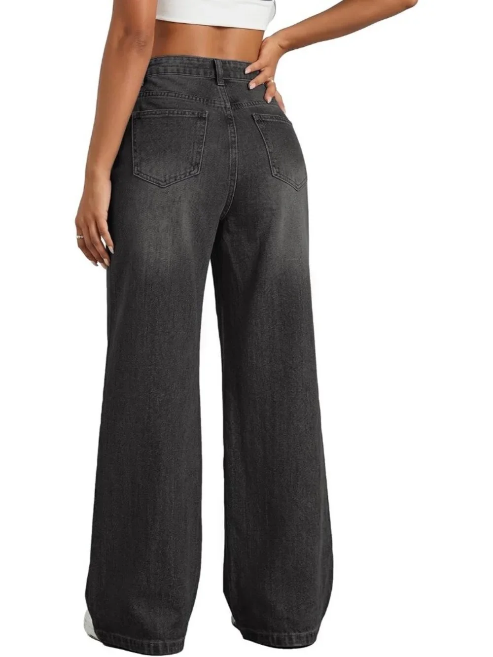 Women's Black Denim Y2k Straight Leg Button Zipper High Waisted Baggy Jean